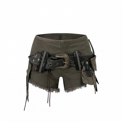 Brown Low Rise Faded Wash Raw Hem Denim Shorts with Buckle Belt