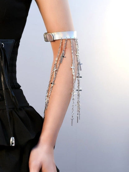 Black/Silver/Brown Cyberpunk Cross Charm Tassel Design Arm Cuff