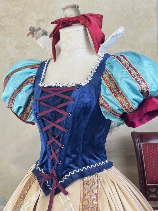 Snow White Full Set- Blue Boned Corset + Golden Skirt + Lace Collar + Red Bow Hairclip
