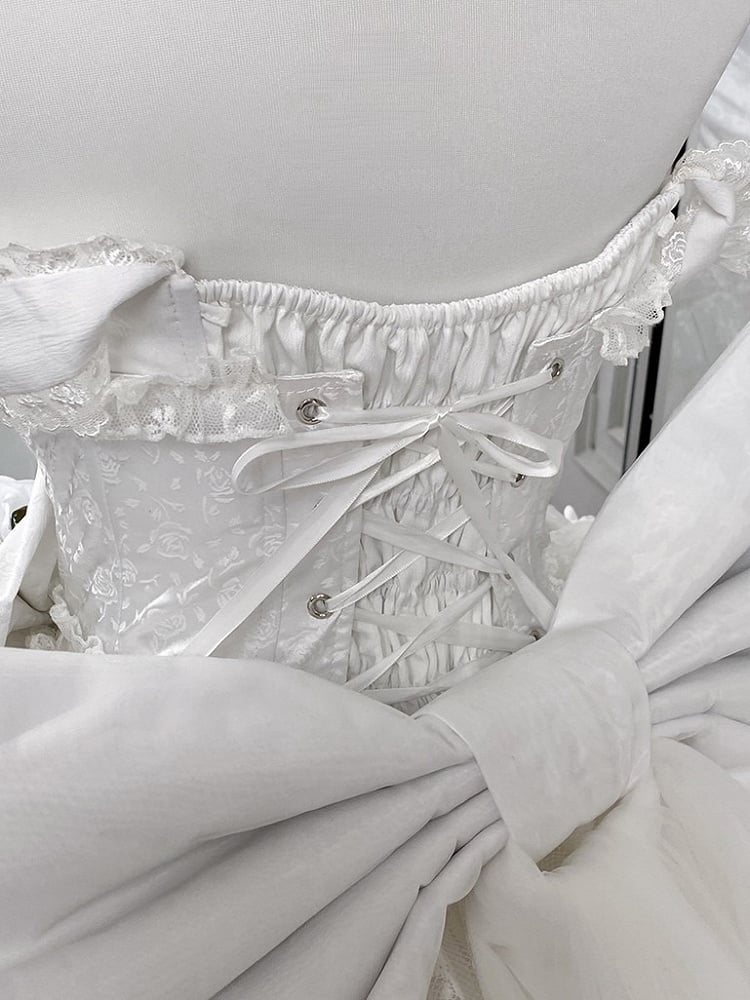 White Layered Ruffles Lace Shiro Lolita Dress with Bow Accents