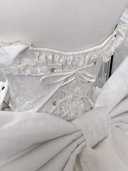 White Layered Ruffles Lace Shiro Lolita Dress with Bow Accents