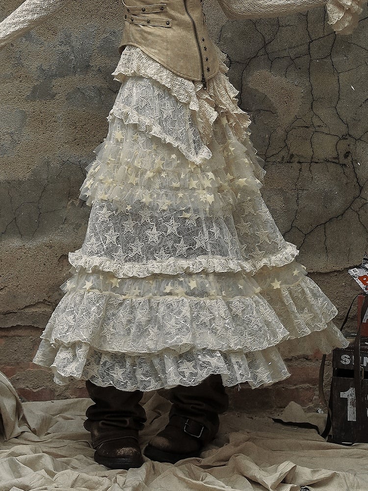 Apricot Vintage High Waist Romantic Stars Pattern Lace Skirt
