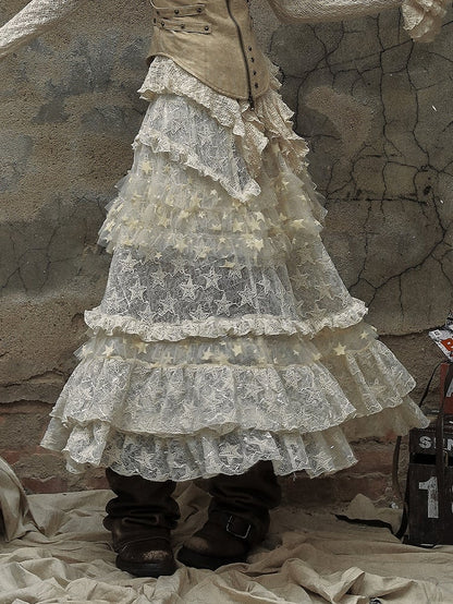 Apricot Vintage High Waist Romantic Stars Pattern Lace Skirt