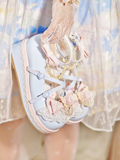 Blue Floral Design Bow at Top Lace Trim Heart Buckle Platforms With Detachable Beaded Chain