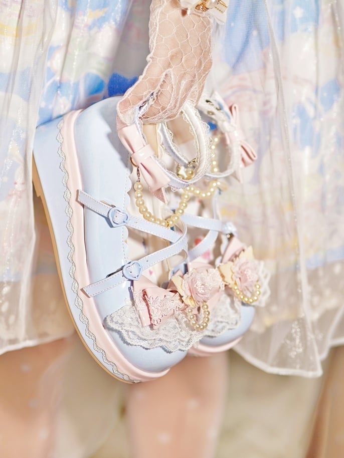 Blue Floral Design Bow at Top Lace Trim Heart Buckle Platforms With Detachable Beaded Chain