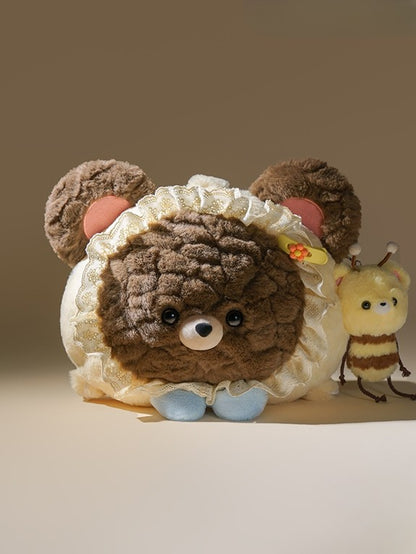 Brown&Beige Bear-shaped Lace Trim Plush Backpack