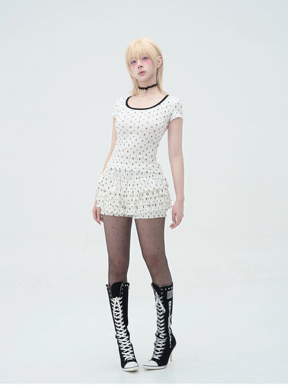 Pastel Gothic Black & White Allover Cross and Cat Paw Print Cat Ears Detail at Back T-Shirt
