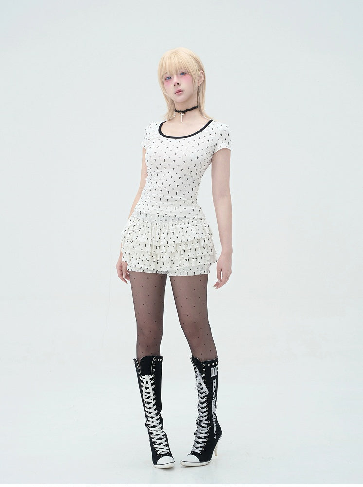 Pastel Gothic White Allover Cat Paw and Cross Print Tiered Ruffles Skort
