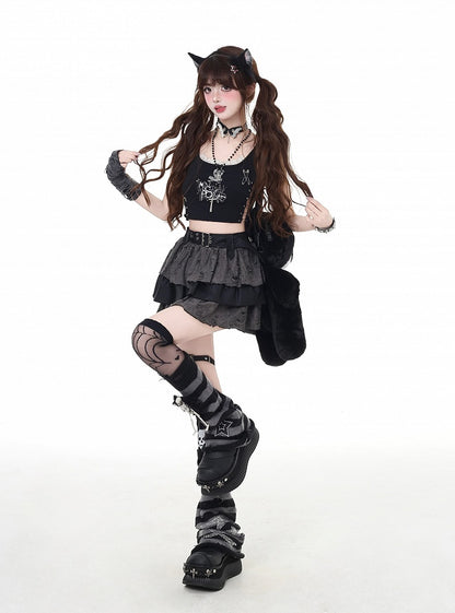 Gray Distressed Holes Lined Tiered Skirt