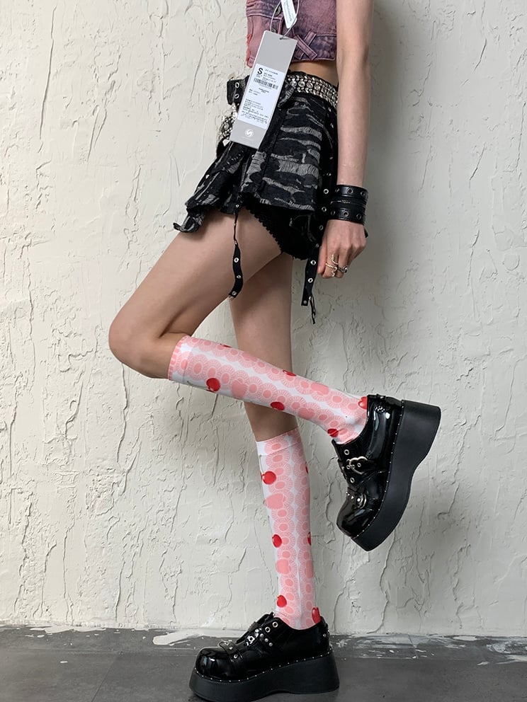 Pink Y2K Cherry And Bowknot Print Underknee Stockings