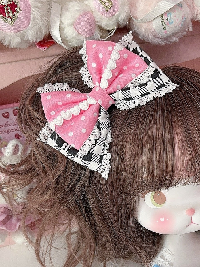 5 Color Options Lace Trim Plaid And Polka-dot Pattern Bowknot Hairclip