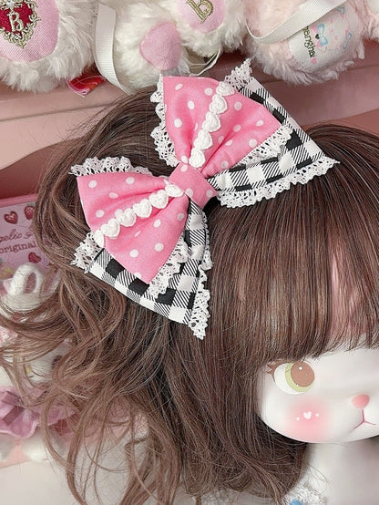 5 Color Options Lace Trim Plaid And Polka-dot Pattern Bowknot Hairclip