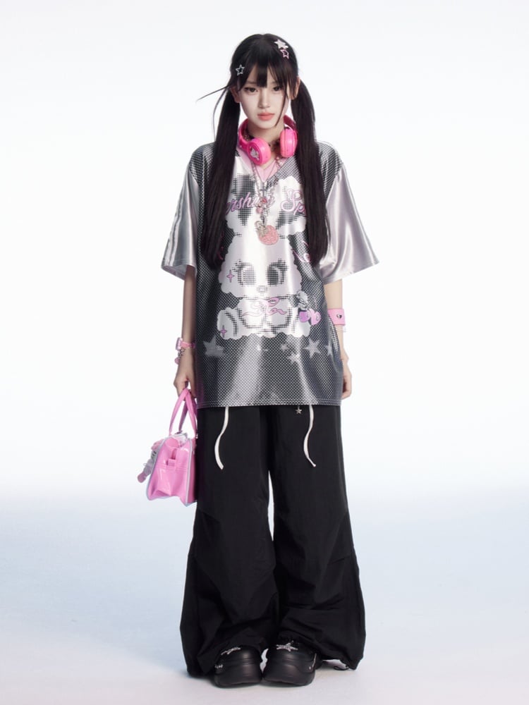 Plaid Patchwork Waist Drawstring Cuffs Black Wide-leg Casual Pants