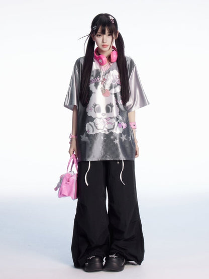 Plaid Patchwork Waist Drawstring Cuffs Black Wide-leg Casual Pants