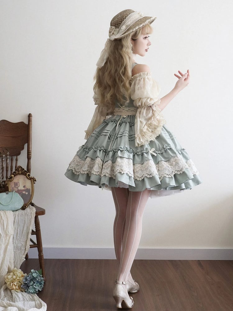 Light Green Pleated and Ruffle Trim Skirt Summer Lolita Jumper Skirt