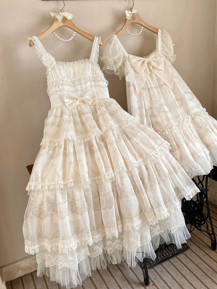 Cream Print Tiered Skirt Beads Neckline Lolita Jumper Skirt