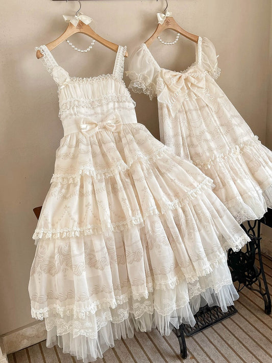 Cream Print Tiered Skirt Beads Neckline Lolita Jumper Skirt