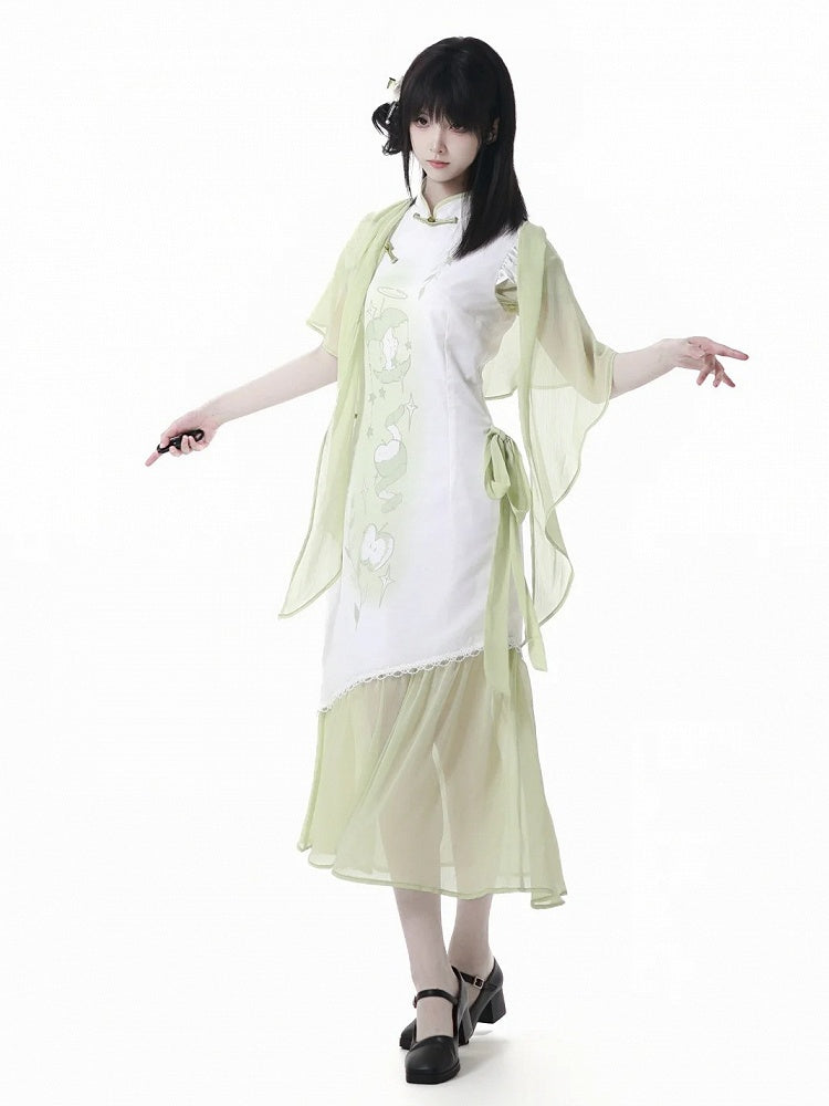 Green Apple Print Cheongsam Style Banded Collar Knot Buttons Qipao Dress