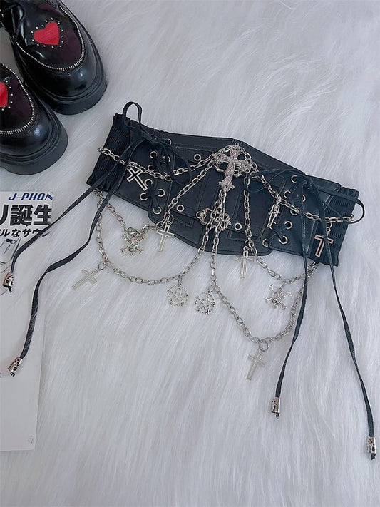 Punk Skulls and Crosses Chains Gothic Black Corset Belt