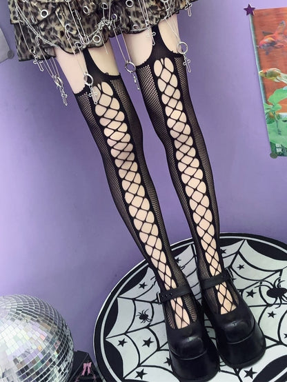 Black/Red/White Punk Rock Cut-out Design Suspender Stockings