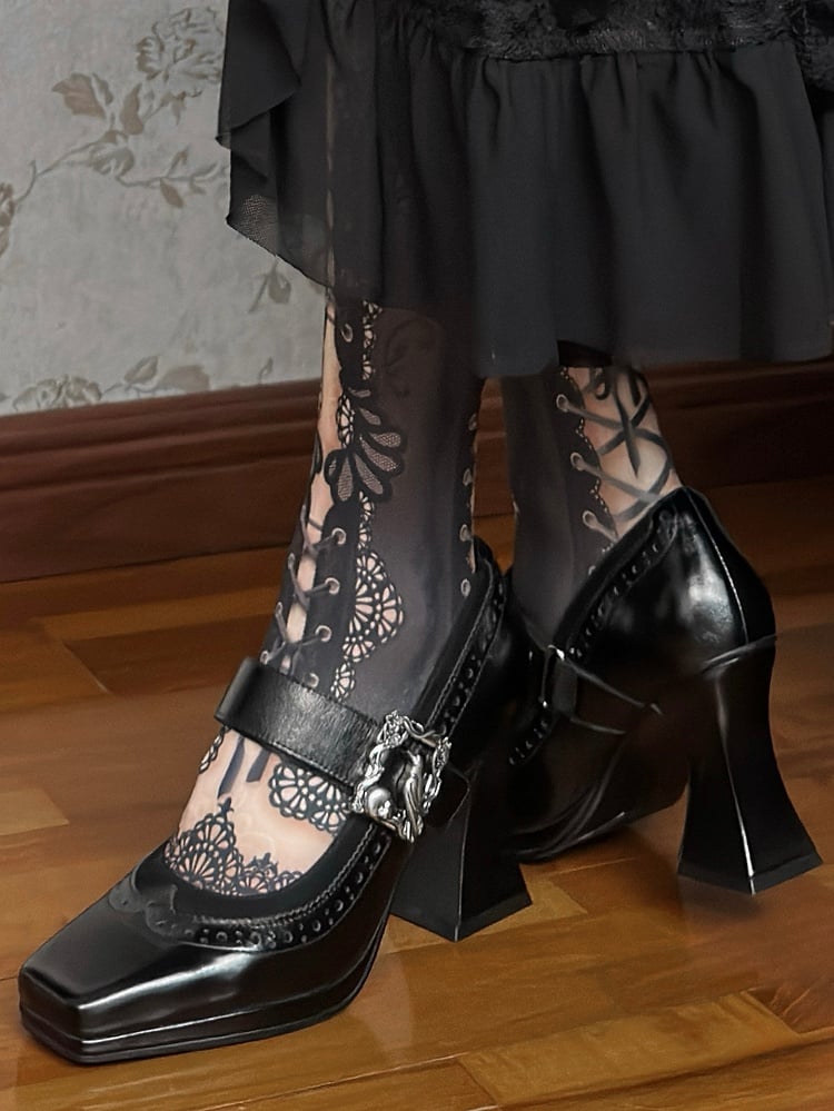 Black Gothic Crow And Skeleton Decorated Photo Frame Accent Square Toe High Heels