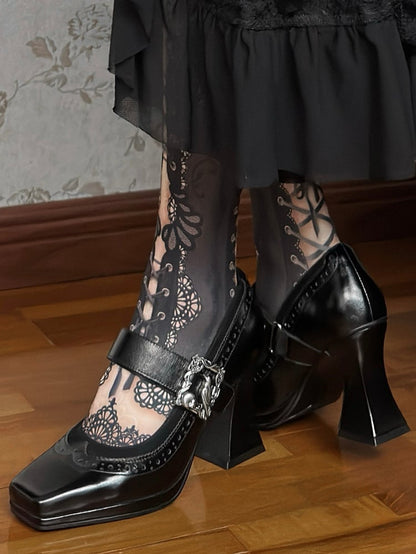 Black Gothic Crow And Skeleton Decorated Photo Frame Accent Square Toe High Heels