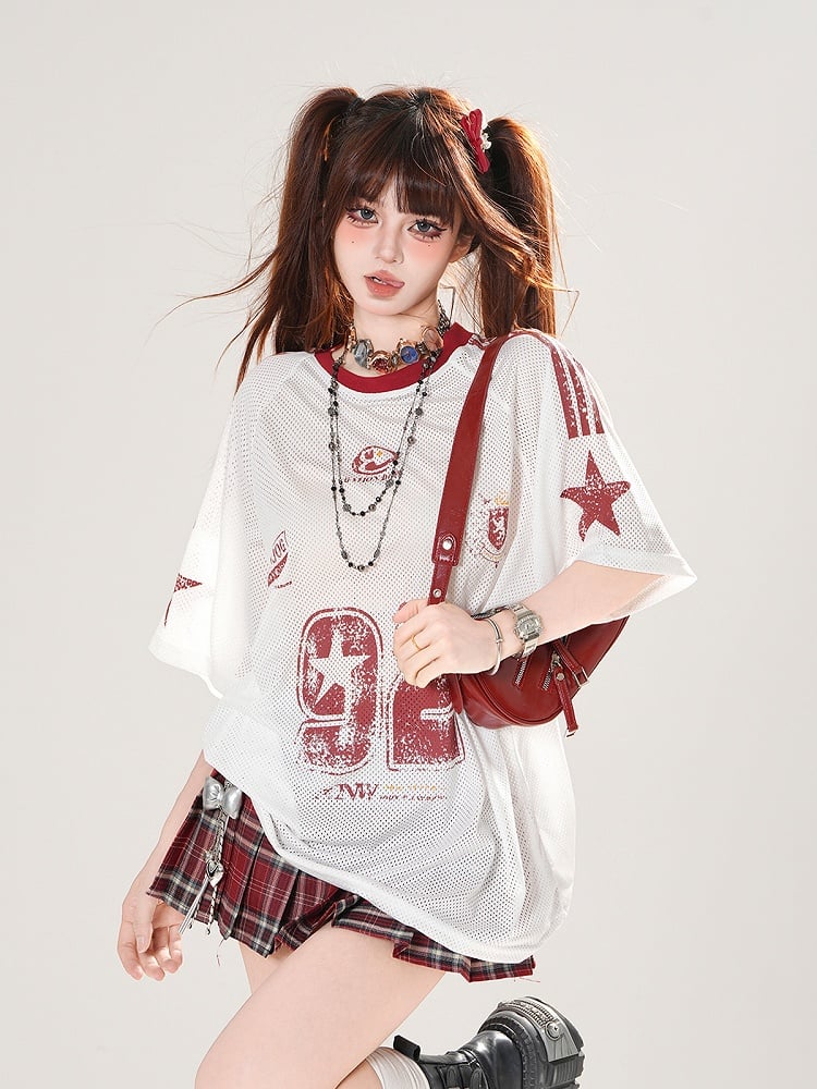 White Round Neck Number Print Hollow-out T-shirt