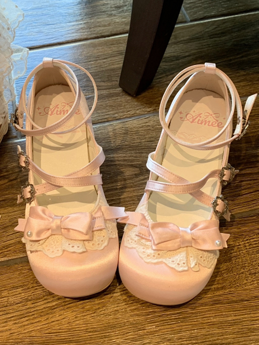 Pink Bow at Top Crisscross Buckle Straps Sweet Lolita Block Heel Mary Janes