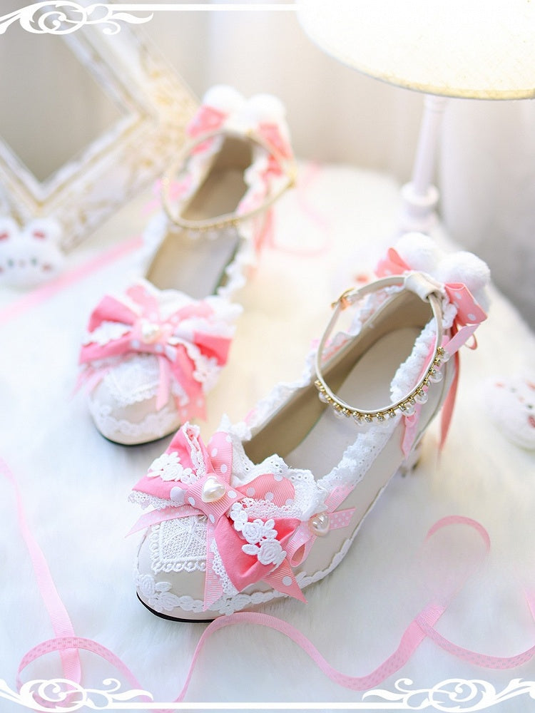 Pink Sweet Lolita Bow at Top Plush Bunny Decorated 5CM Block Heels Lolita Shoes