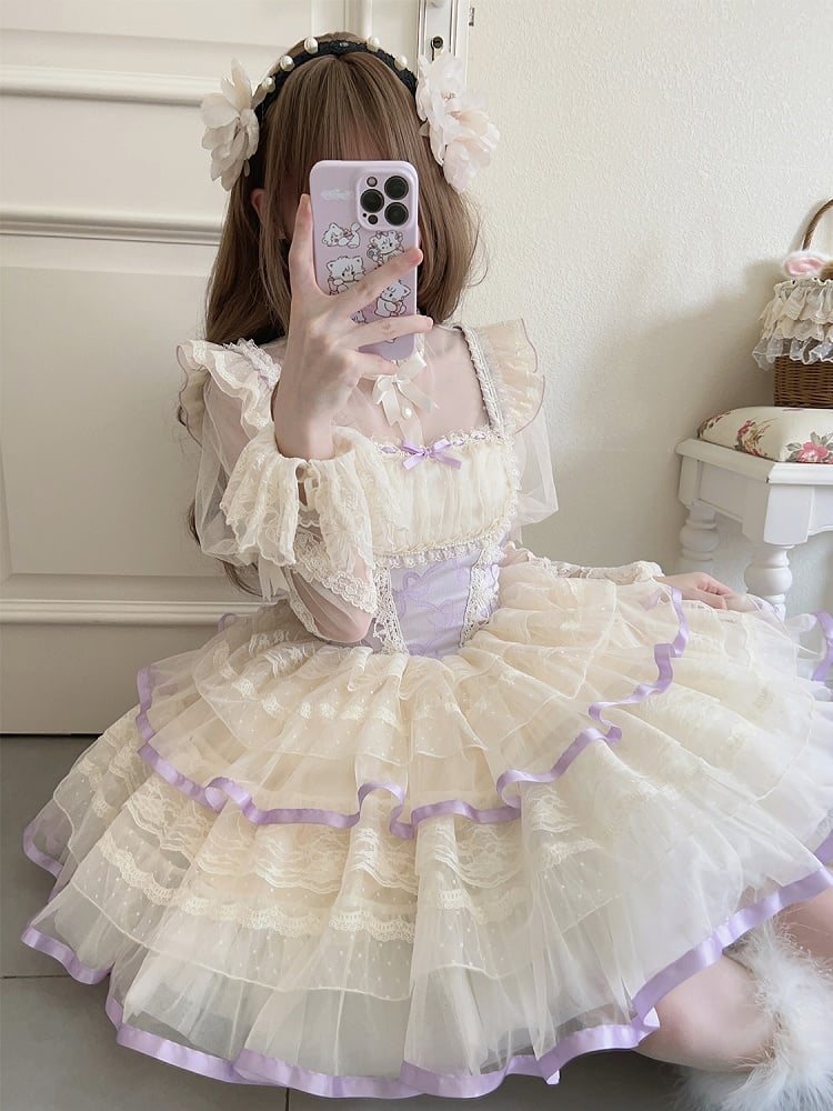 Purple Bows Print Basque Waist Balletcore Lolita Jumper Skirt
