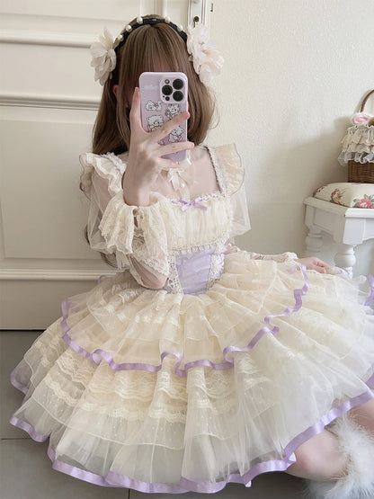 Purple Bows Print Basque Waist Balletcore Lolita Jumper Skirt