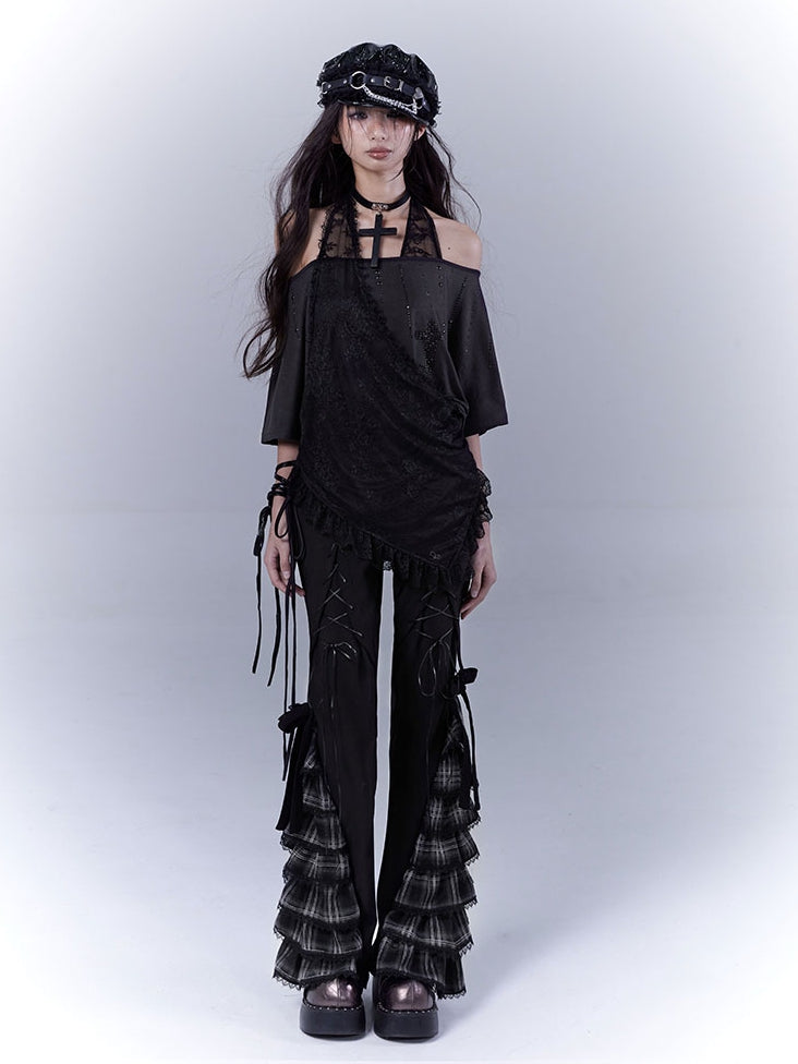 Black Cross Rhinestone Curved Hem Halter Neck T-shirt