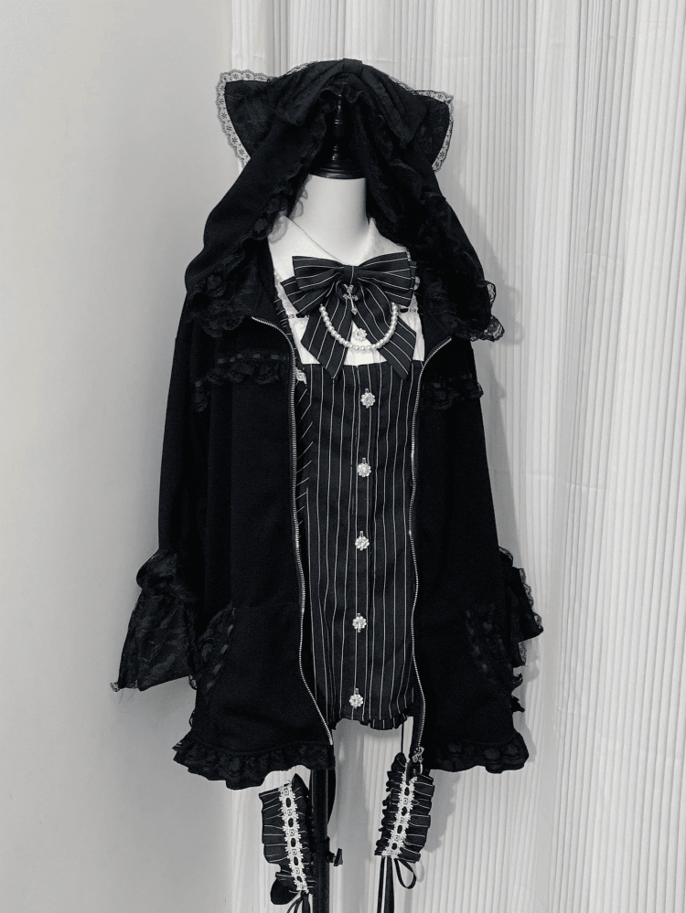 Jirai Kei Kitty Tail at Back Kitty Ears Hood Black Lace Trim Jacket Bowknot Cuffs