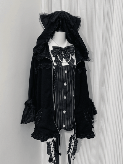 Jirai Kei Kitty Tail at Back Kitty Ears Hood Black Lace Trim Jacket Bowknot Cuffs