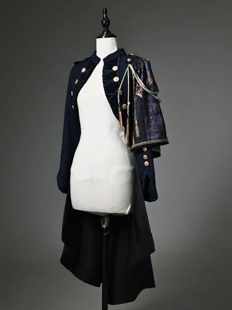 Dark Blue Detachable One-shoulder Cape Knight Tailcoat