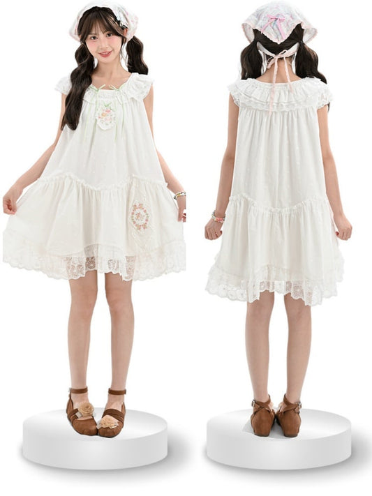 White Floral Embroidery Lace Trim Mori Kei Dress