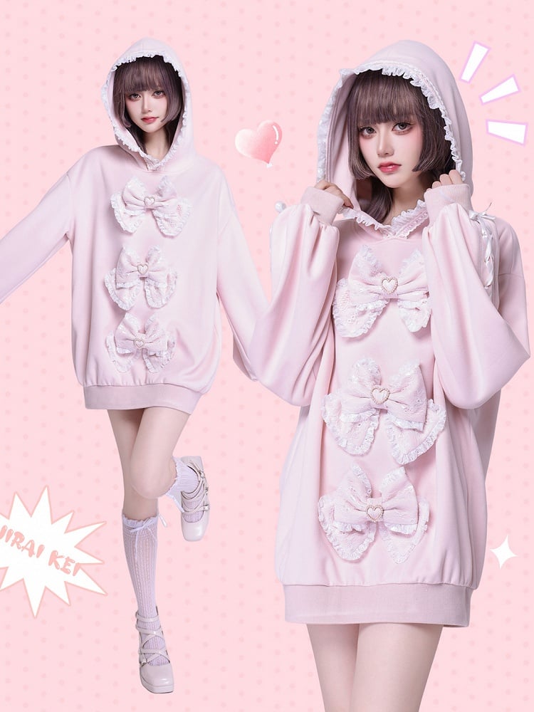 Sakura Pink Jirai Kei Sweet Lace Trim Bows Decorated Hoodie