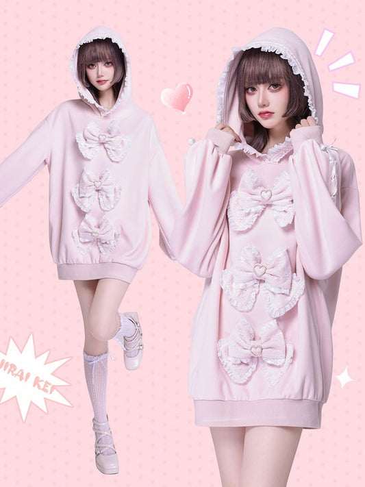 Sakura Pink Jirai Kei Sweet Lace Trim Bows Decorated Hoodie