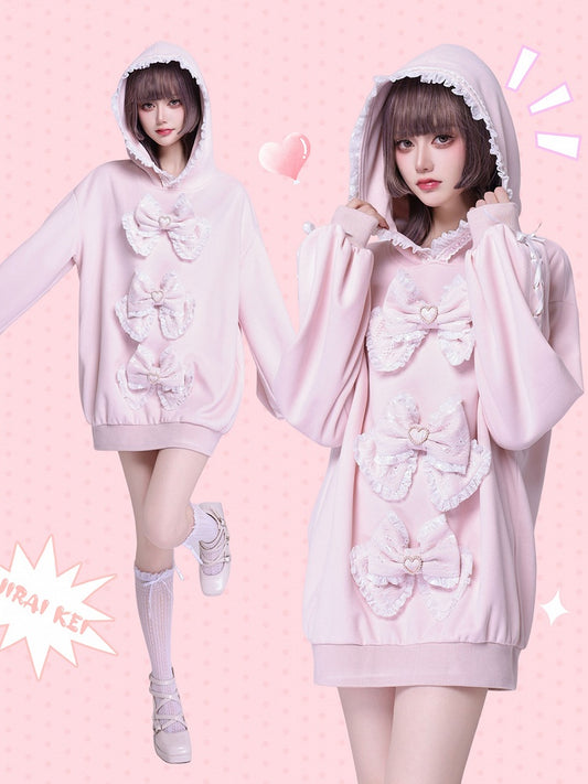 Sakura Pink Jirai Kei Sweet Lace Trim Bows Decorated Hoodie