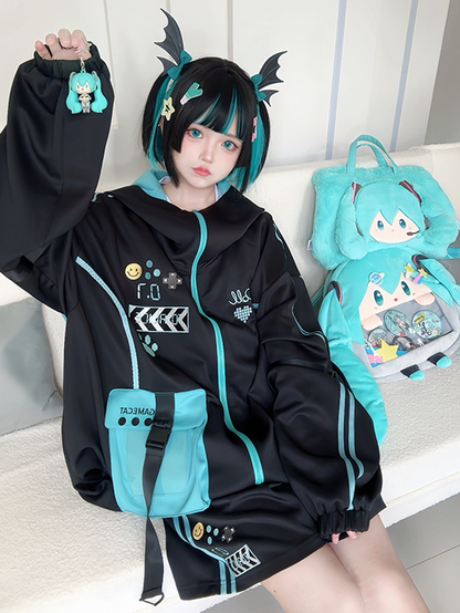 Black and Blue Futuristic Techwear Cyberpunk Hooded Jacket