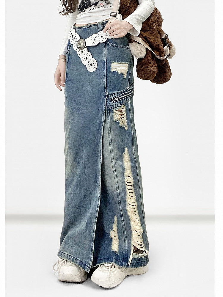 Blue Distressed Holes Details Slit Denim Skirt