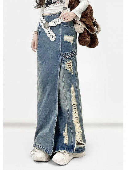 Blue Distressed Holes Details Slit Denim Skirt