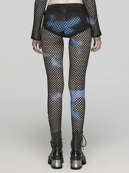 Black and Blue Punk Tie-dyed Mesh Leggings