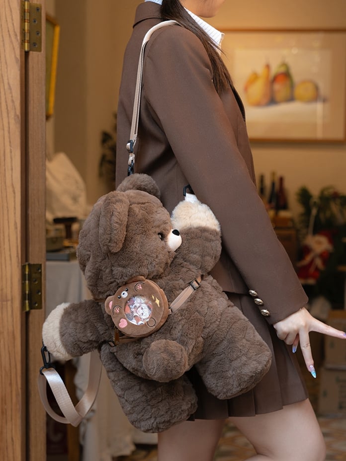 Brown Bear Plush Backpack/Crossbody Bag + Keychain Small/Middle/Large Size