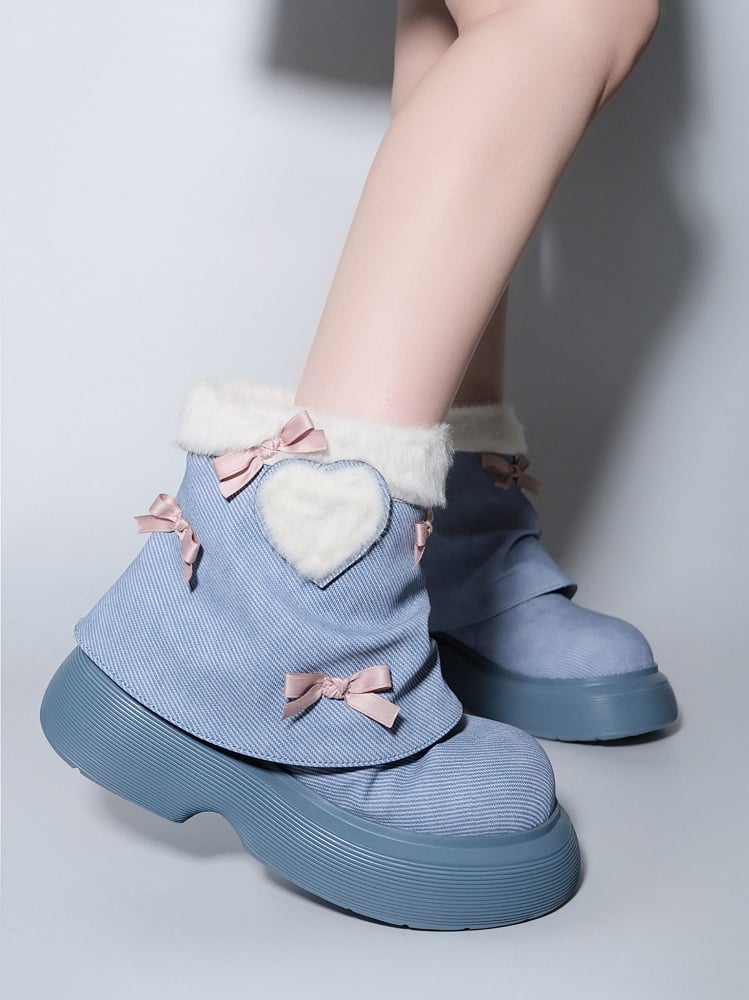Bow Accents Denim Blue Sweet Winter Boots