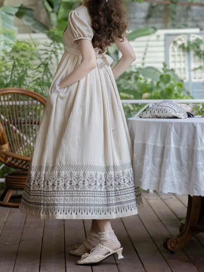 Foldover Design Neckline Blue Vintage Embroidery Empire Waist Elegant Lolita One Piece Long/Short Version