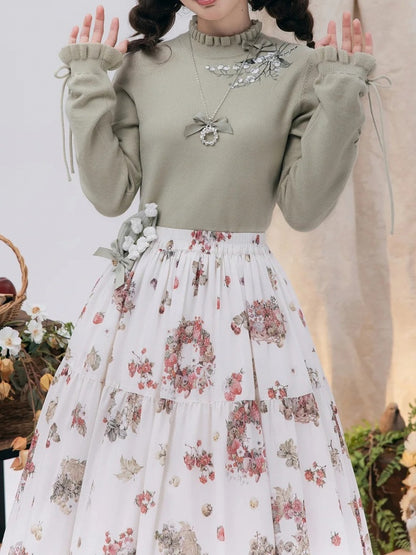 Green Lily of the Valley Embroidery Lace-up Cuffs Autumn Knit Top