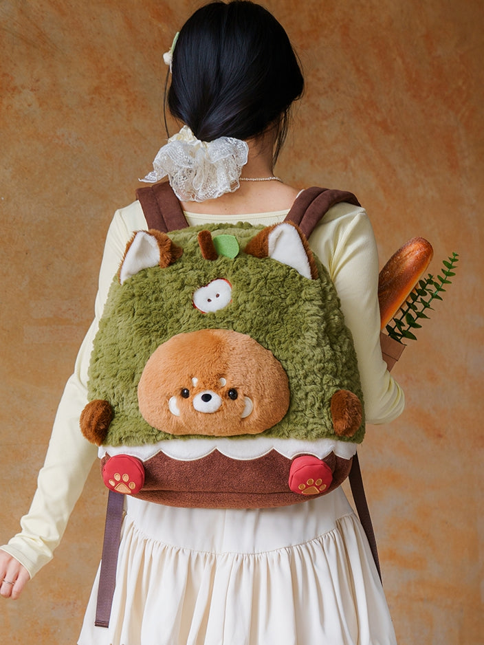 Brown&Green Apple Design Cute Plush Red Panda Backpack Middle/Large Size