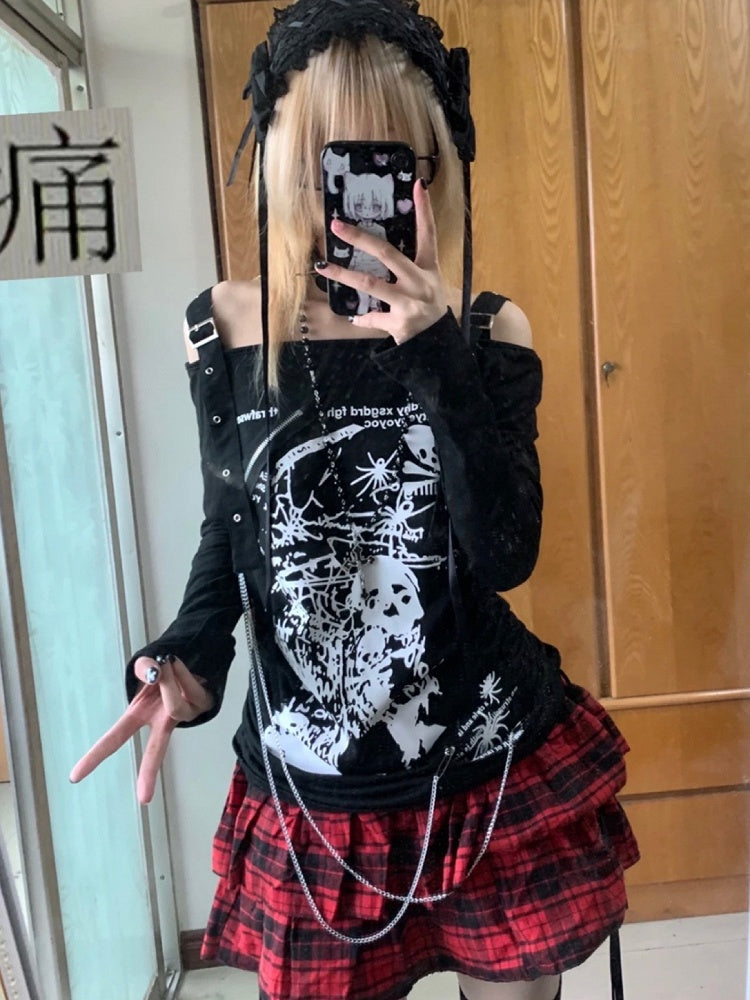 White Off-the-shoulder Neckline Skeleton Print Punk Top