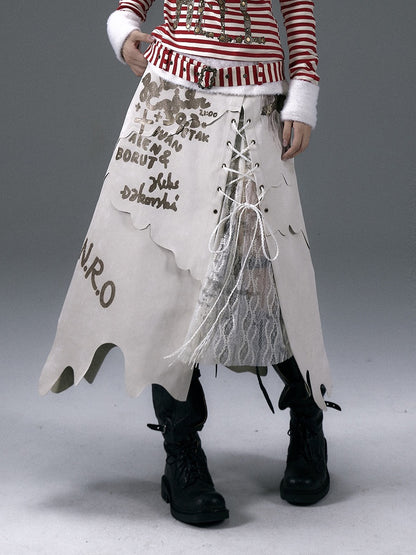 Black/White Asymmetrical Hem Lace-up Detail Skirt with Lace Patches